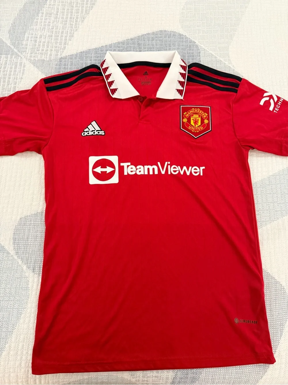 adidas Red Men’s Football Jersey with White Collar and Black Stripes